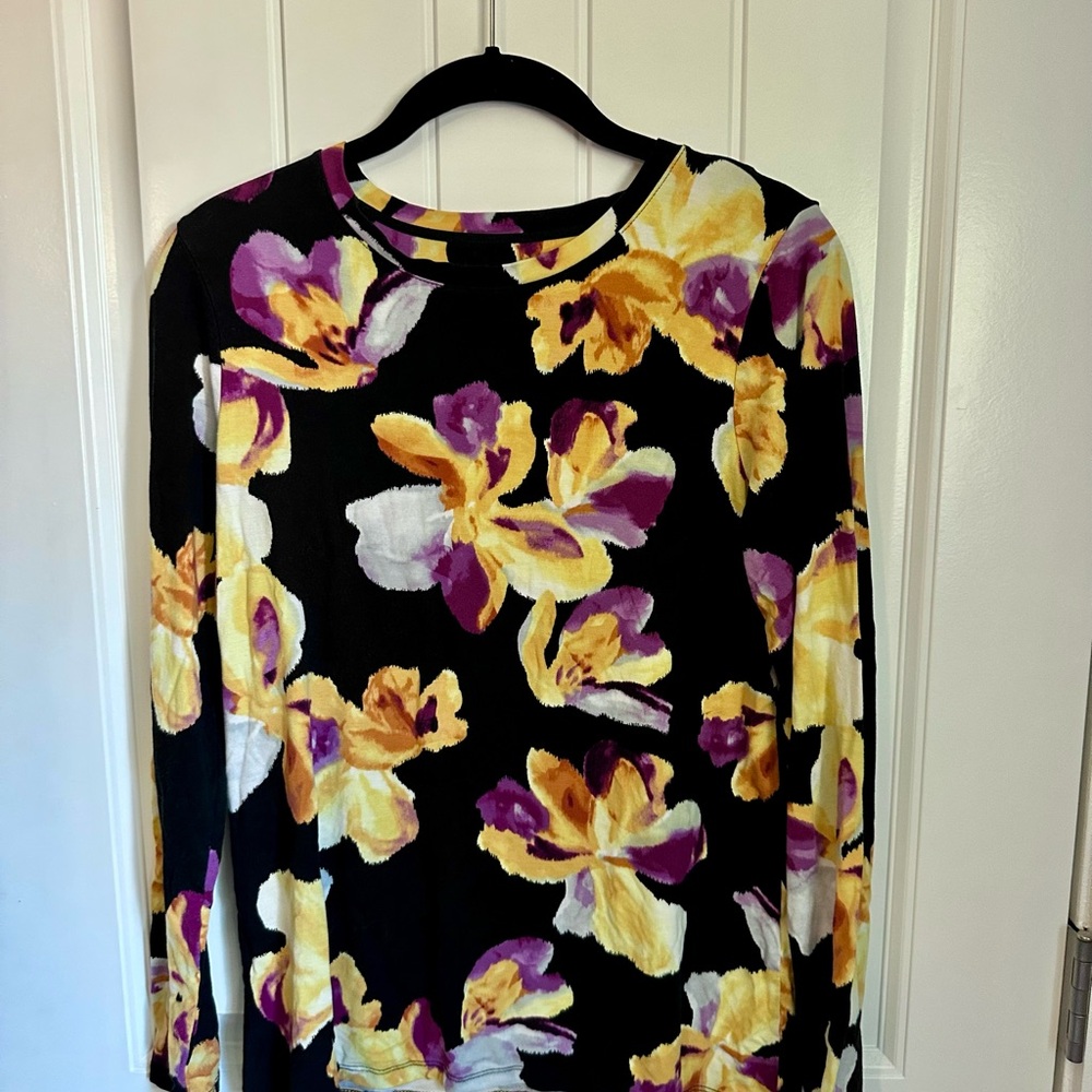 Chico’s Top Size 1 (M) Black Floral Long Sleeve Stretch Knit Shirt Yellow Purple